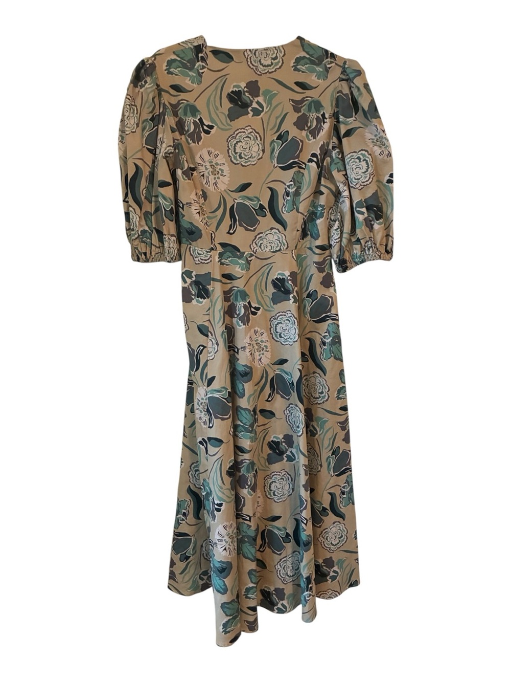 NWT Abbey Glass Diane Wrap Dress in Tan & Teal Floral - Size L - Picture 2 of 6